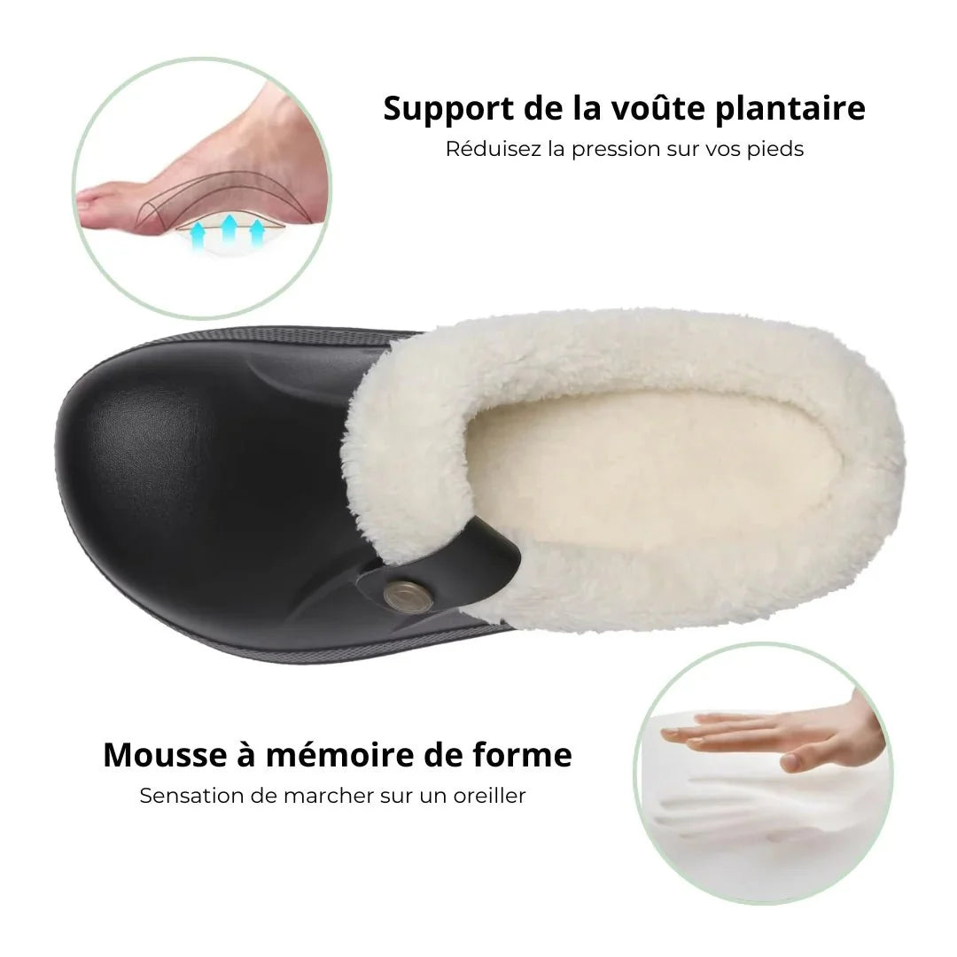 Fleece-lined winter slippers in white, light purple, light blue and black and brown