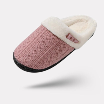 Pink orthopedic winter slippers with a closed back and contoured arch support