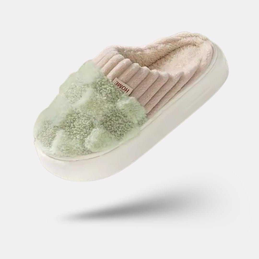 Lined orthopedic slippers with a thick contoured footbed, in pink, green, caramel and gray