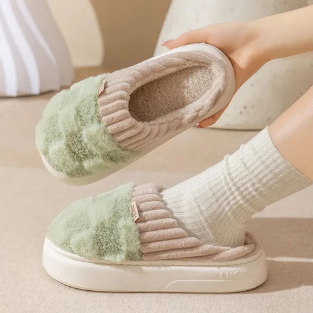Lined orthopedic slippers with a thick contoured footbed, in pink, green, caramel and gray