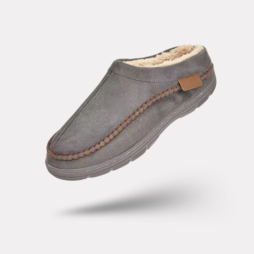 Men's warm slippers with a soft lining and closed heel, in black, gray and khaki