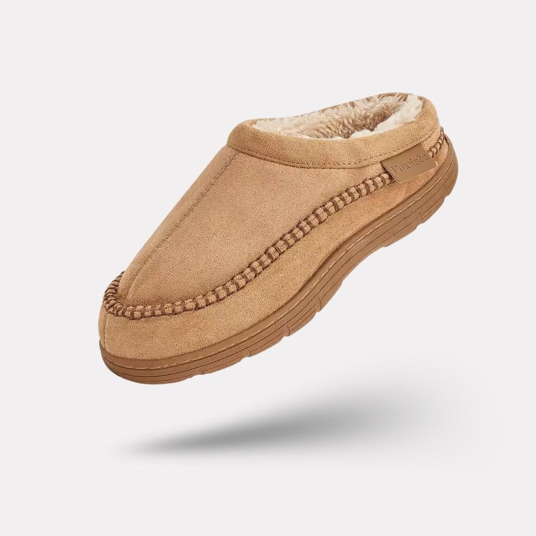 Men's warm slippers with a soft lining and closed heel, in black, gray and khaki