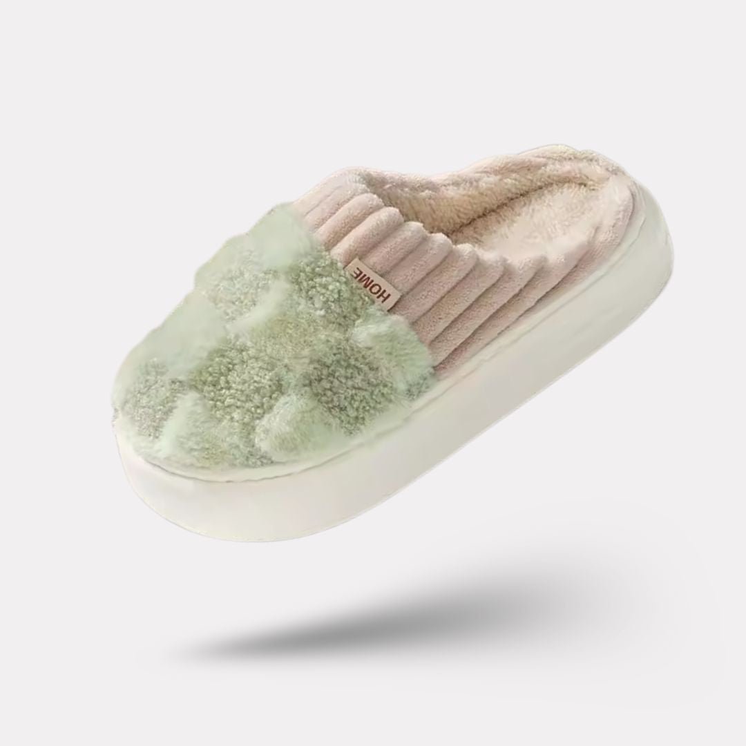 Matching pair of memory foam slippers with an open toe and a thick cushioned sole