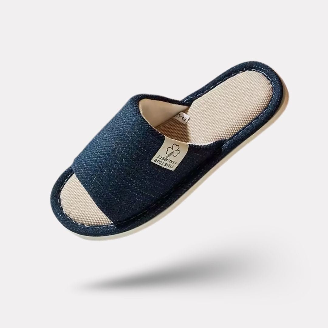 Breathable linen slippers with an open back, in gray, caramel, light gray and orange