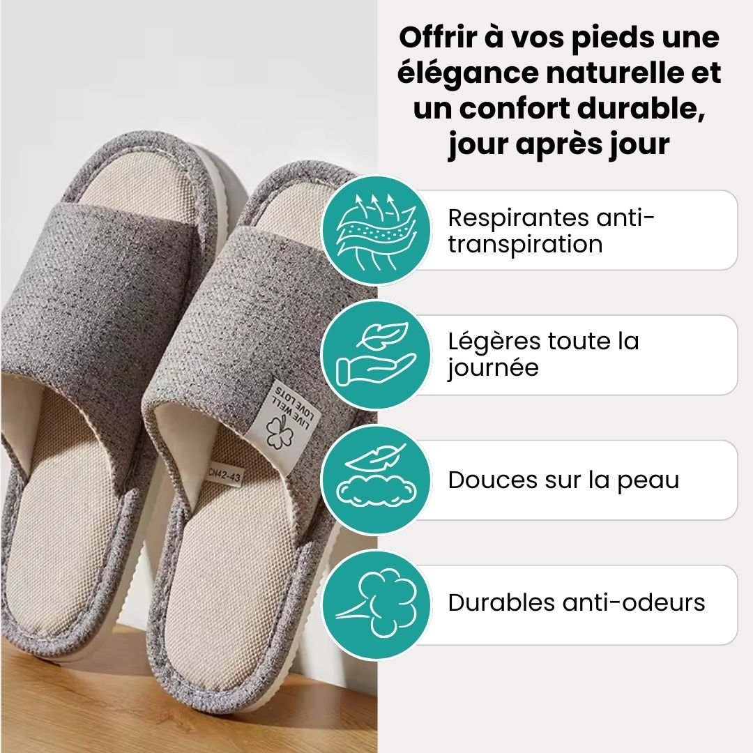 Breathable linen slippers with an open back, in gray, caramel, light gray and orange