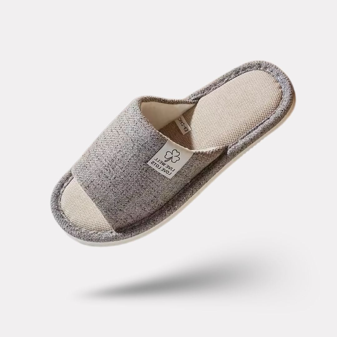 Breathable linen slippers with an open back, in gray, caramel, light gray and orange