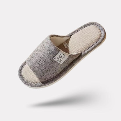 Breathable linen slippers with an open back, in gray, caramel, light gray and orange