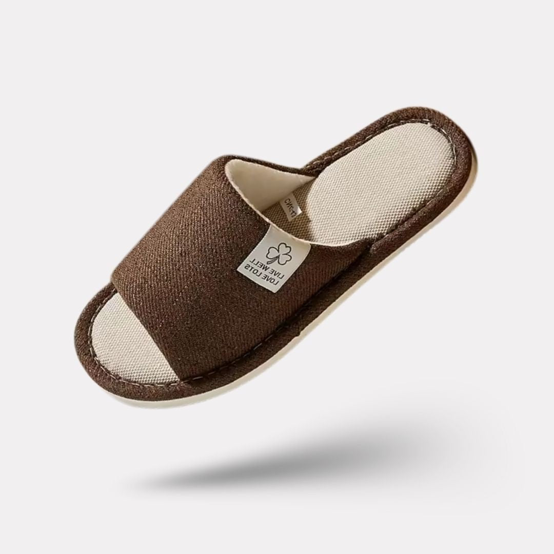 Breathable linen slippers with an open back, in gray, caramel, light gray and orange