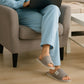 Breathable linen slippers with an open back, in gray, caramel, light gray and orange