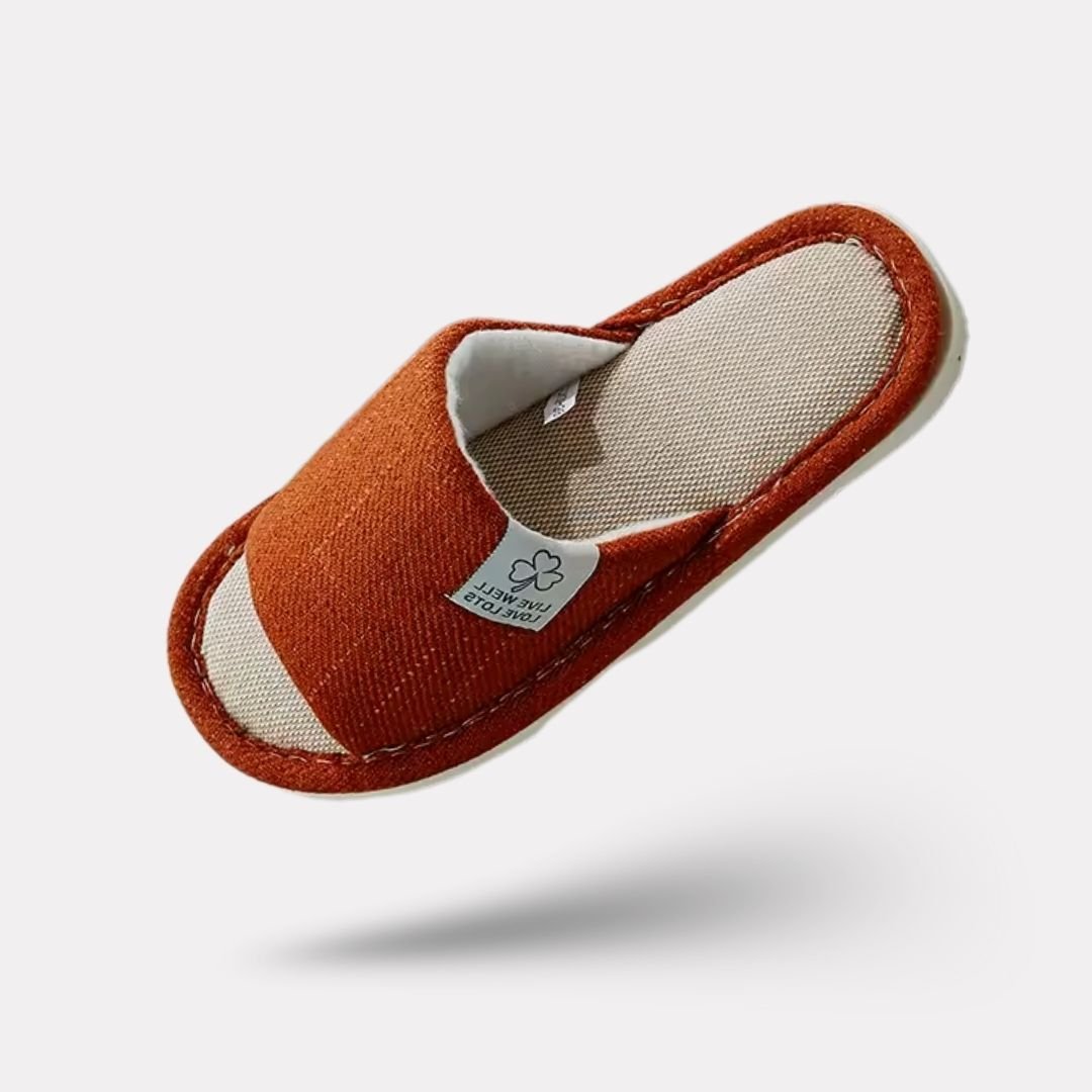 Breathable linen slippers with an open back, in gray, caramel, light gray and orange