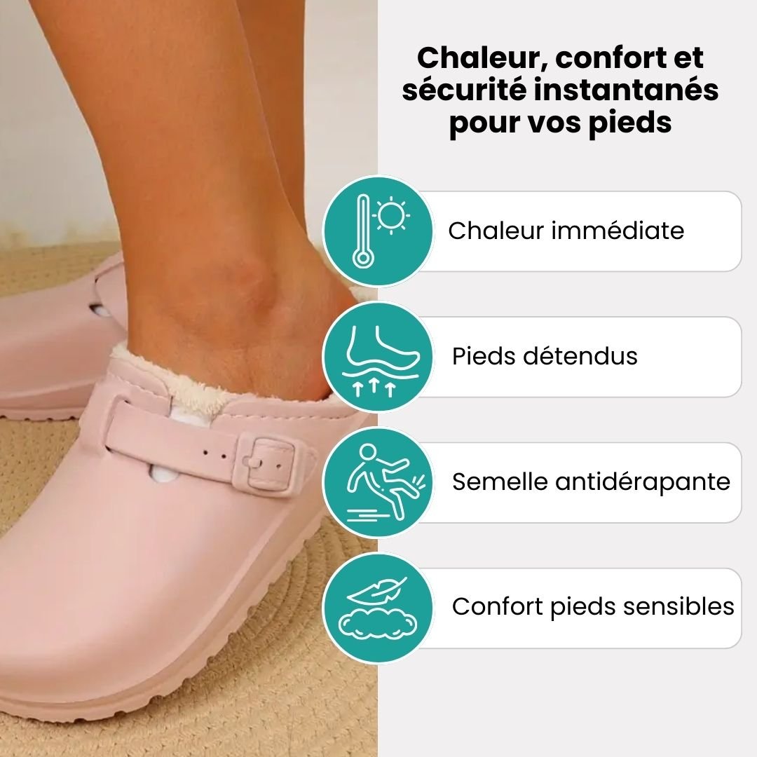 Women's fur-lined slippers in pink, black and white with a closed round toe