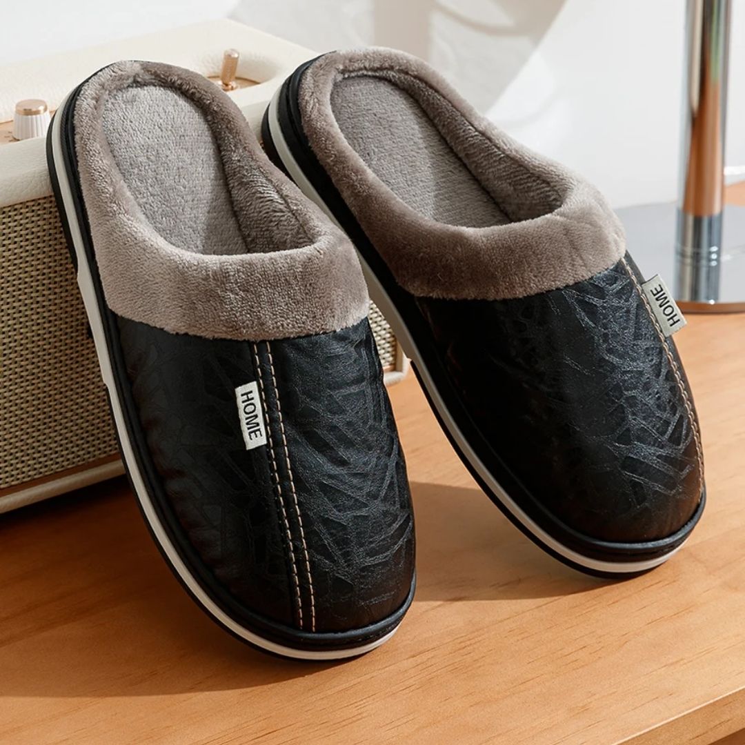 Black leather slippers for men in large sizes with an insulated lining