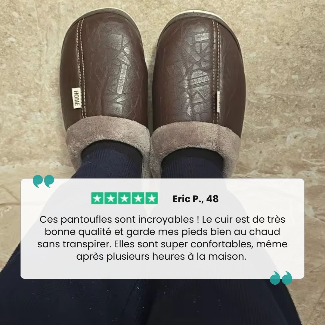Black leather slippers for men in large sizes with an insulated lining