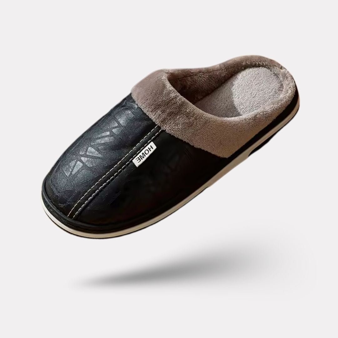 Black leather slippers for men in large sizes with an insulated lining