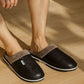 Black leather slippers for men in large sizes with an insulated lining