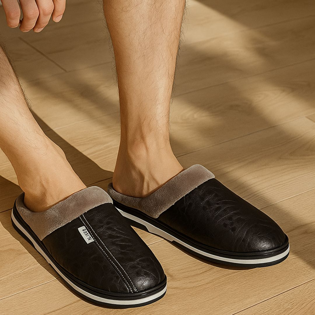 Black leather slippers for men in large sizes with an insulated lining