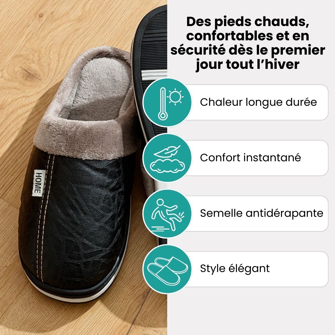 Black leather slippers for men in large sizes with an insulated lining