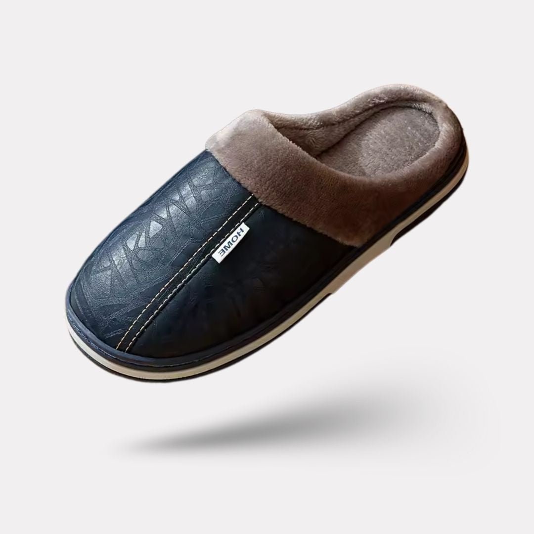Black leather slippers for men in large sizes with an insulated lining