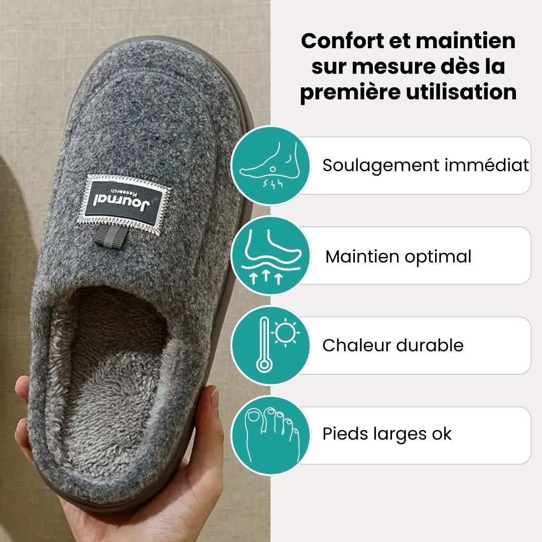 Gray extra-large memory foam slippers with a wide opening and a thick cushioned sole
