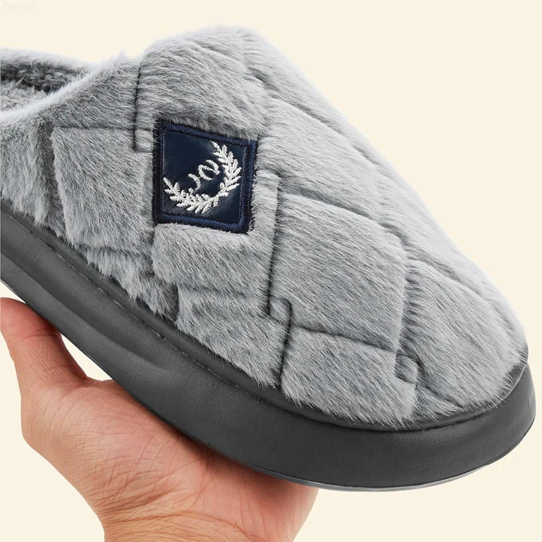 Men's fleece-lined plaid slippers with a memory foam footbed, in gray, black and caramel