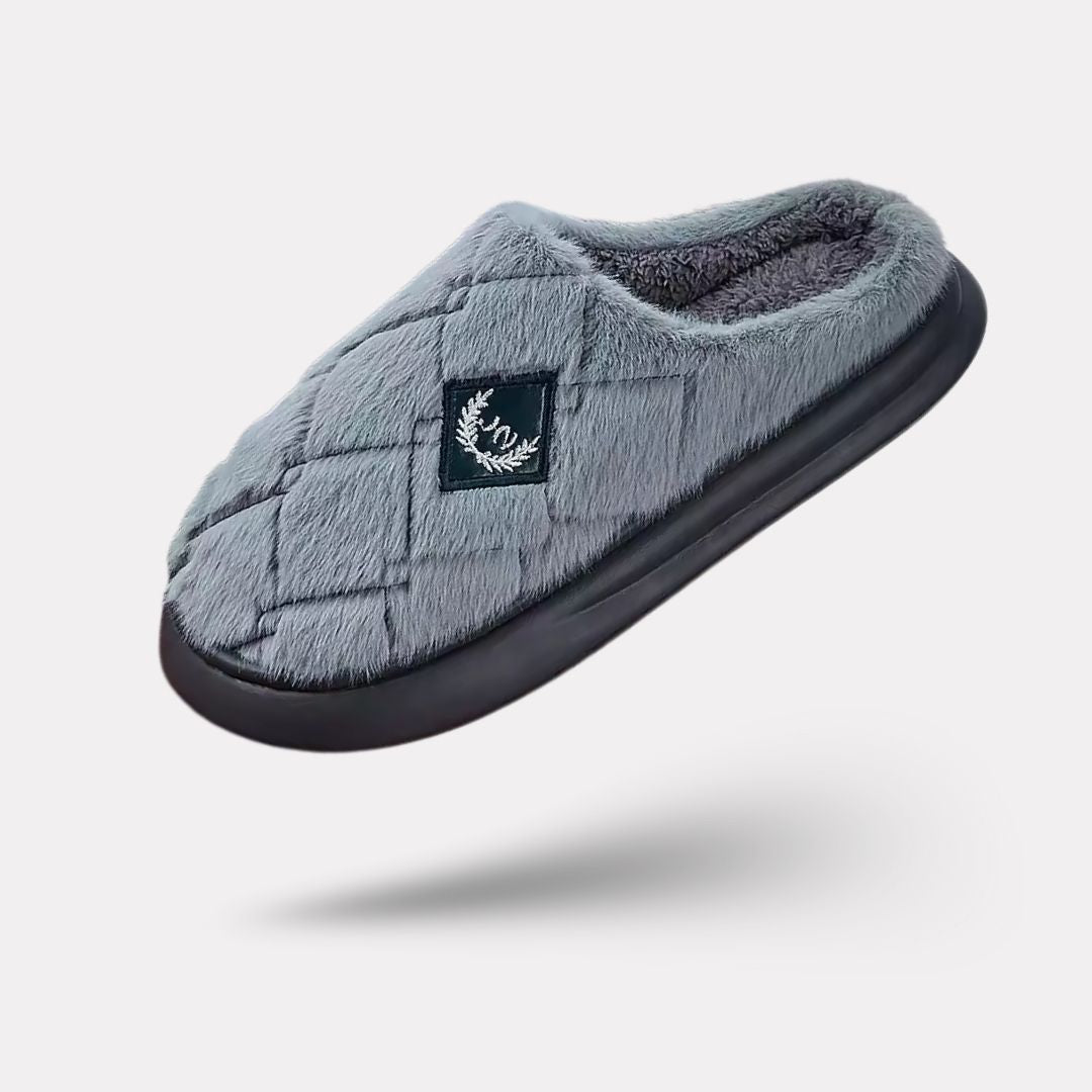 Men's fleece-lined plaid slippers with a memory foam footbed, in gray, black and caramel