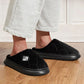 Men's fleece-lined plaid slippers with a memory foam footbed, in gray, black and caramel