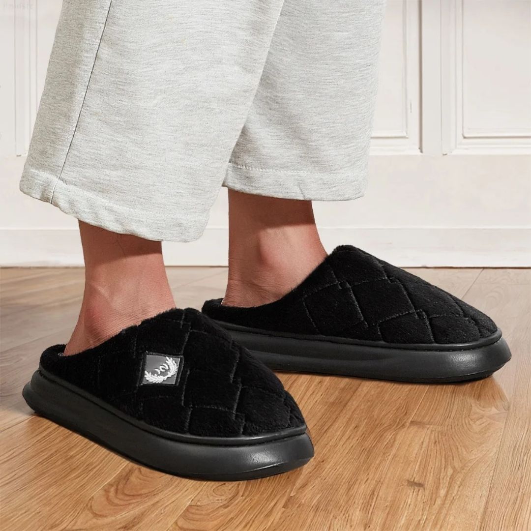 Men's fleece-lined plaid slippers with a memory foam footbed, in gray, black and caramel