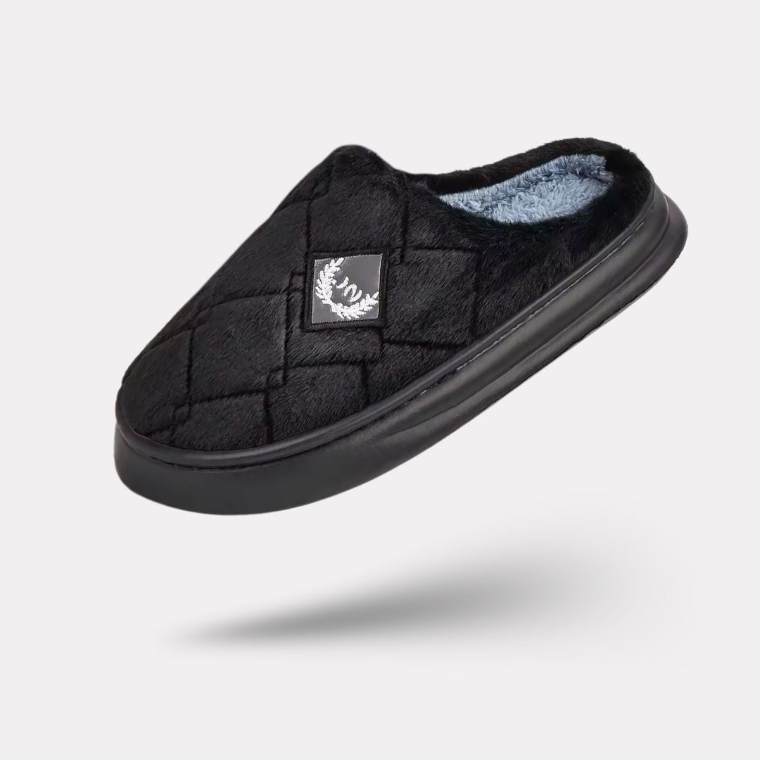 Men's fleece-lined plaid slippers with a memory foam footbed, in gray, black and caramel