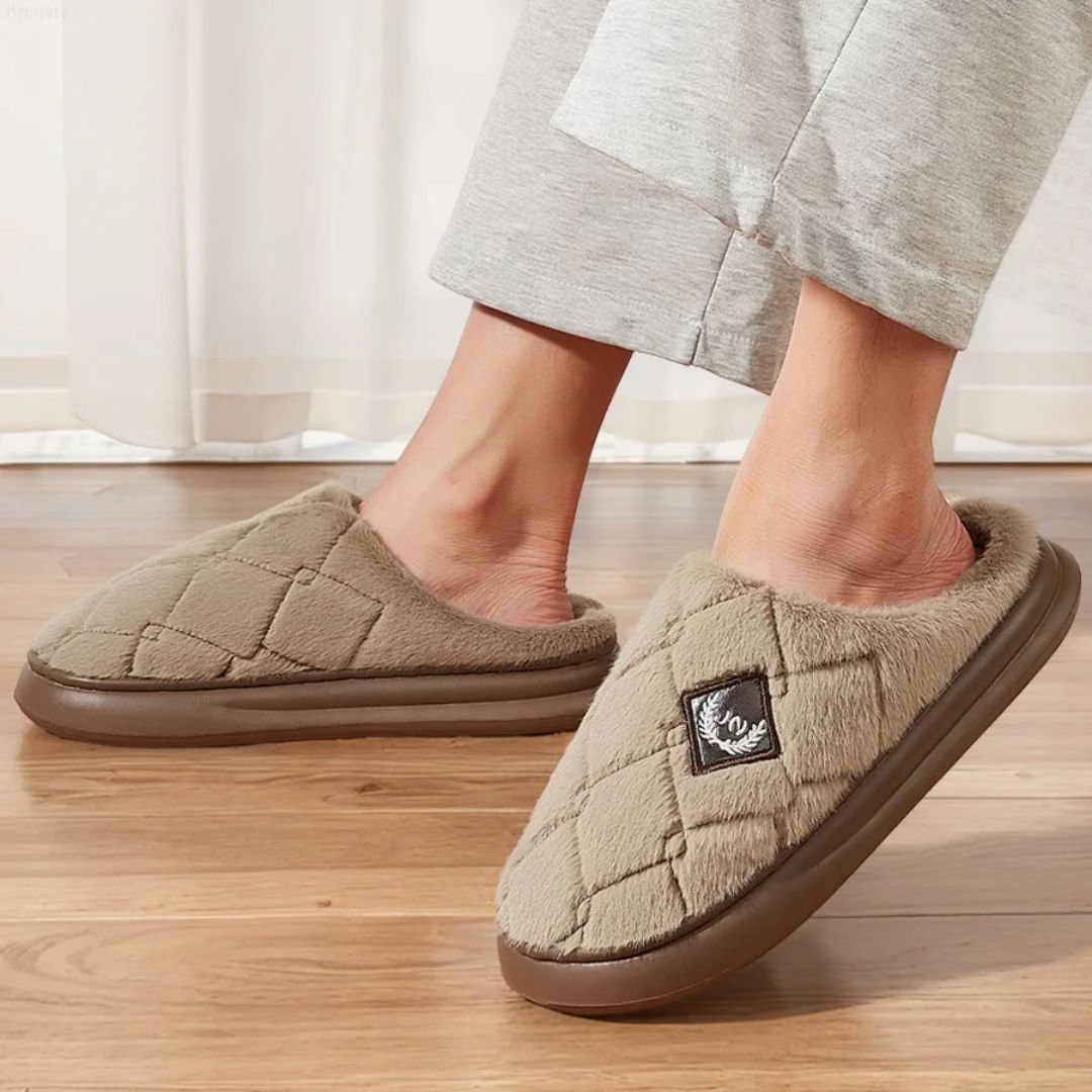 Men's fleece-lined plaid slippers with a memory foam footbed, in gray, black and caramel