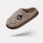 Men's fleece-lined plaid slippers with a memory foam footbed, in gray, black and caramel