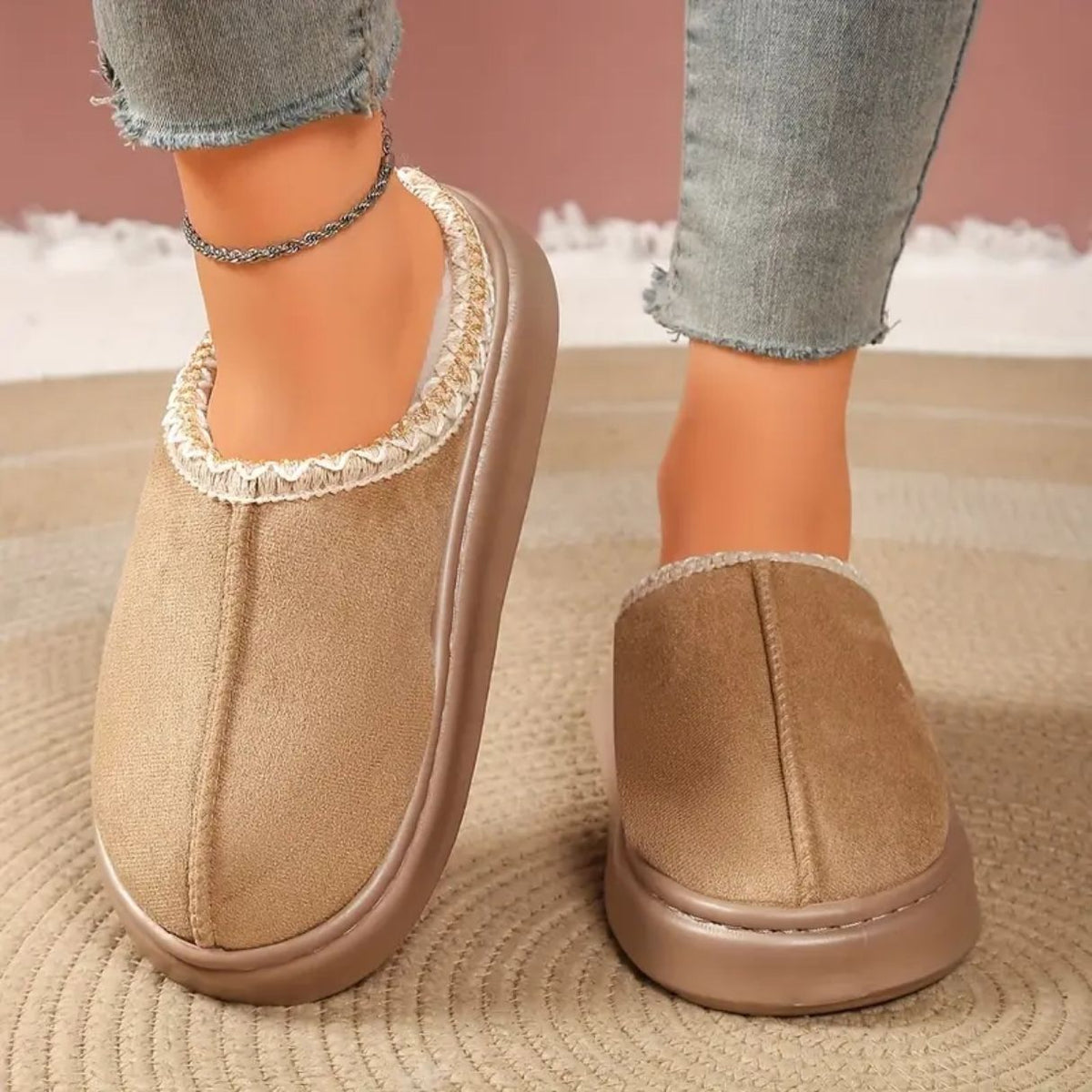 Plush lined orthopedic slippers for cold months, in caramel, khaki, gray and black