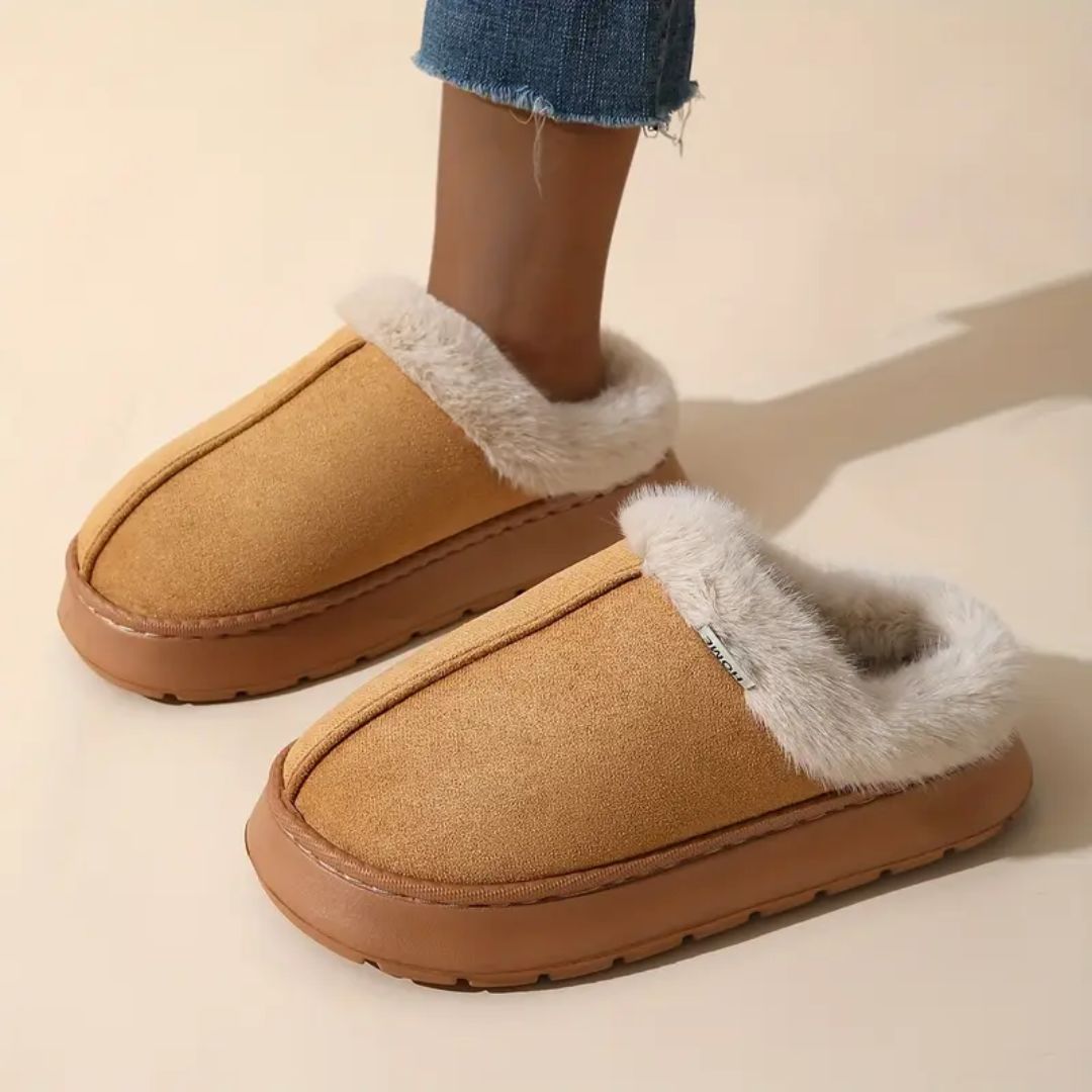 Plush winter slippers with a closed back and orthopedic footbed, in khaki, caramel, gray and pink