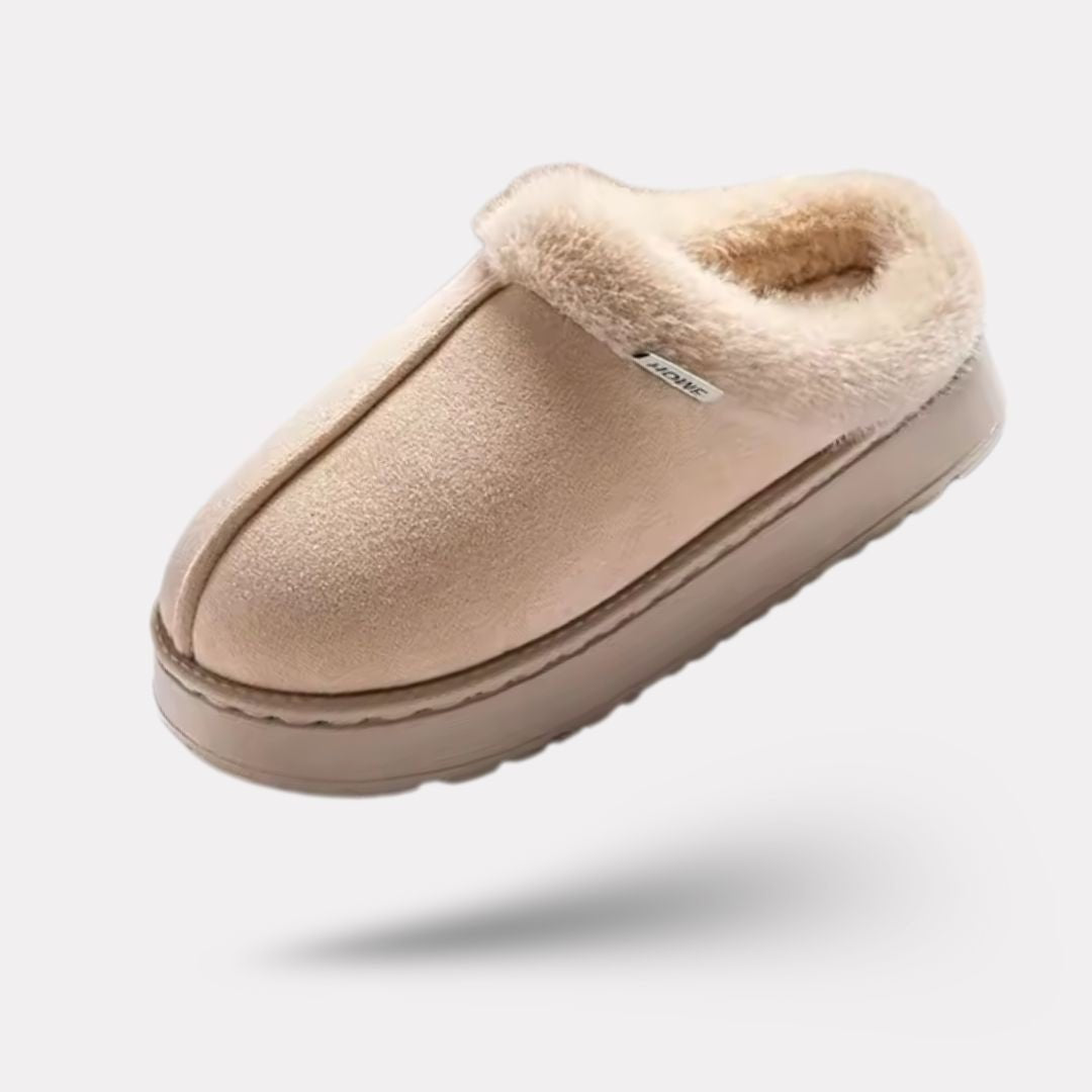 Plush winter slippers with a closed back and orthopedic footbed, in khaki, caramel, gray and pink