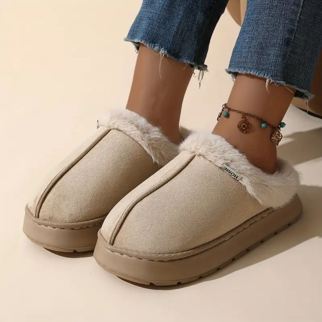 Plush winter slippers with a closed back and orthopedic footbed, in khaki, caramel, gray and pink