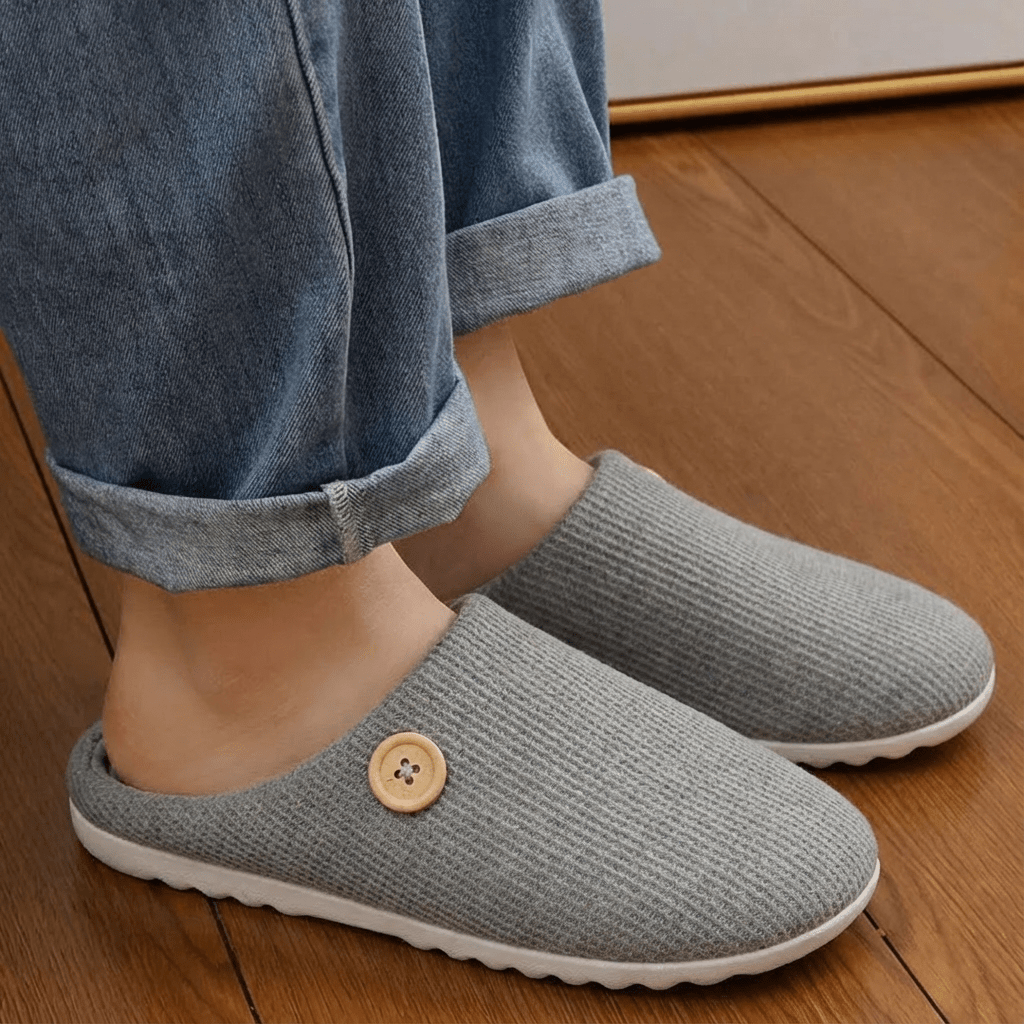 Gray orthopedic slippers with an open toe and a non-slip textured sole