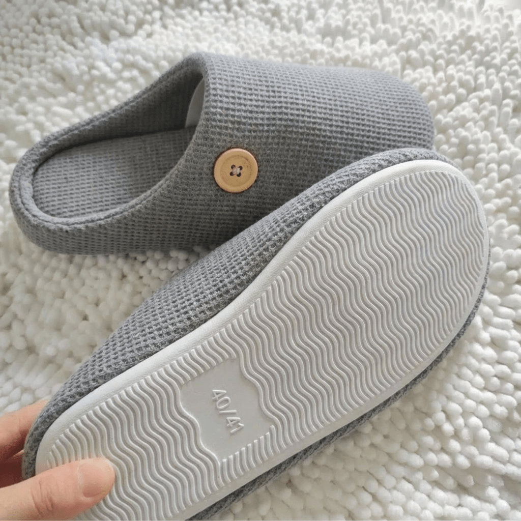 Gray orthopedic slippers with an open toe and a non-slip textured sole