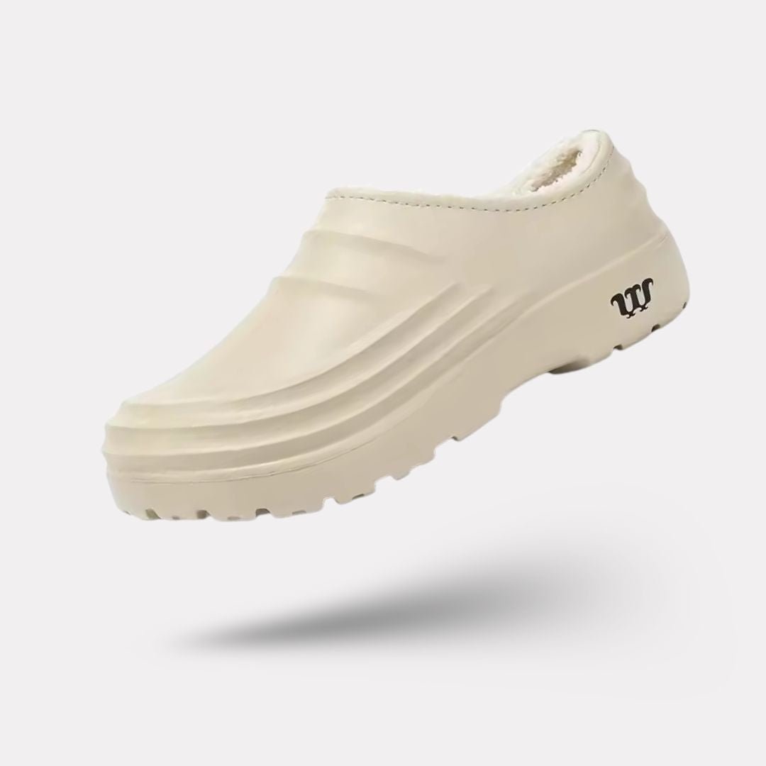 Fleece-lined orthopedic slippers with a non-slip outsole, in black, beige and khaki