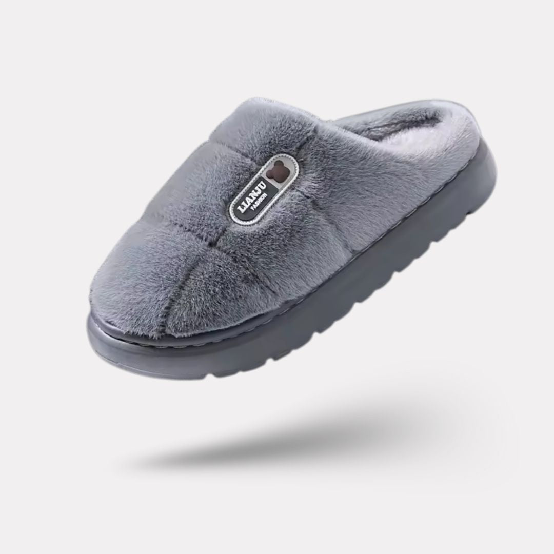 Large size orthopedic slippers lined with warm fleece, in gray and caramel