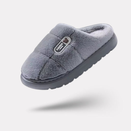 Large size orthopedic slippers lined with warm fleece, in gray and caramel