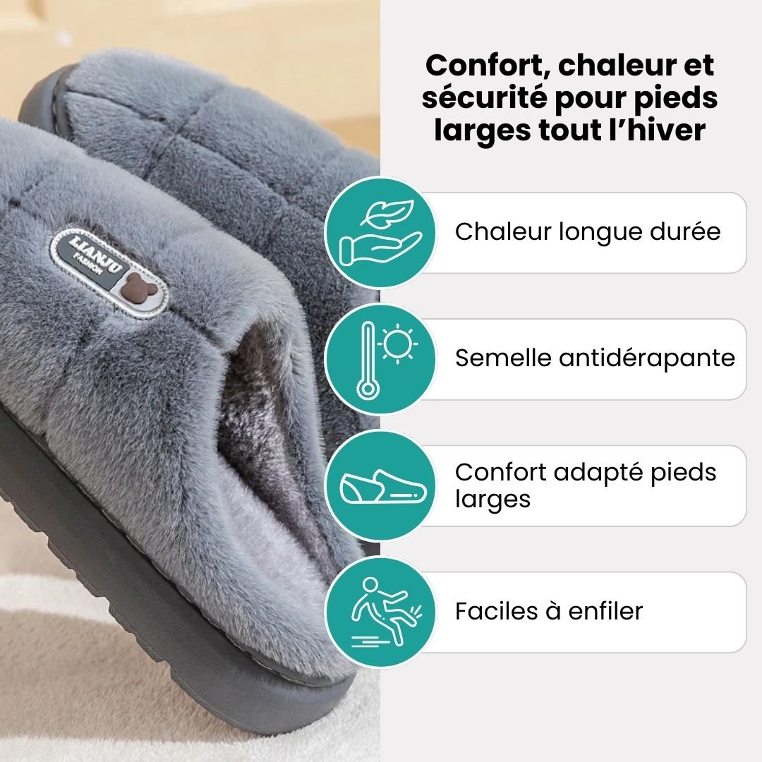 Large size orthopedic slippers lined with warm fleece, in gray and caramel