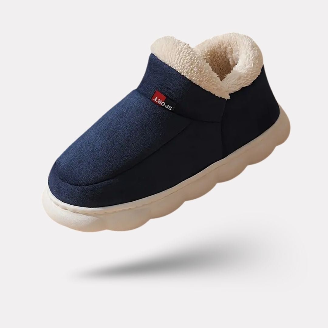 Plush lined winter slippers with a non-slip sole and a supportive footbed