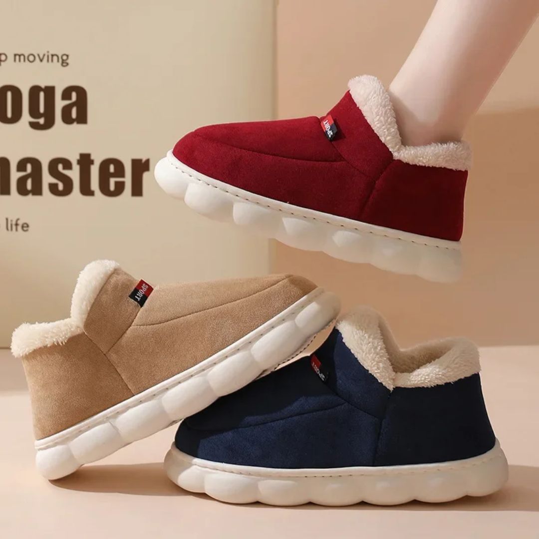 Plush lined winter slippers with a non-slip sole and a supportive footbed