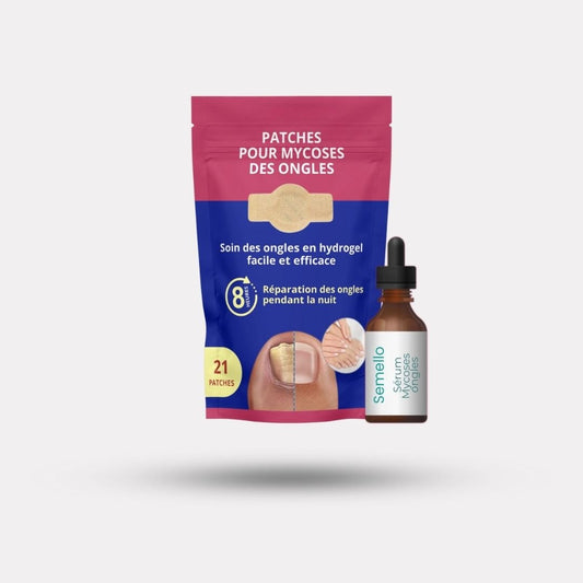 Toenail fungus kit with adhesive patches worn on the nail and a brush-tip serum