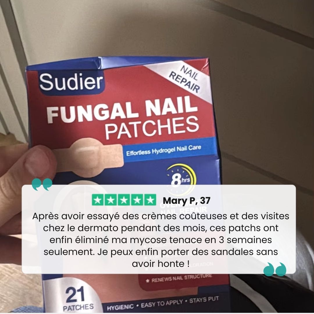Toenail fungus kit with adhesive patches worn on the nail and a brush-tip serum