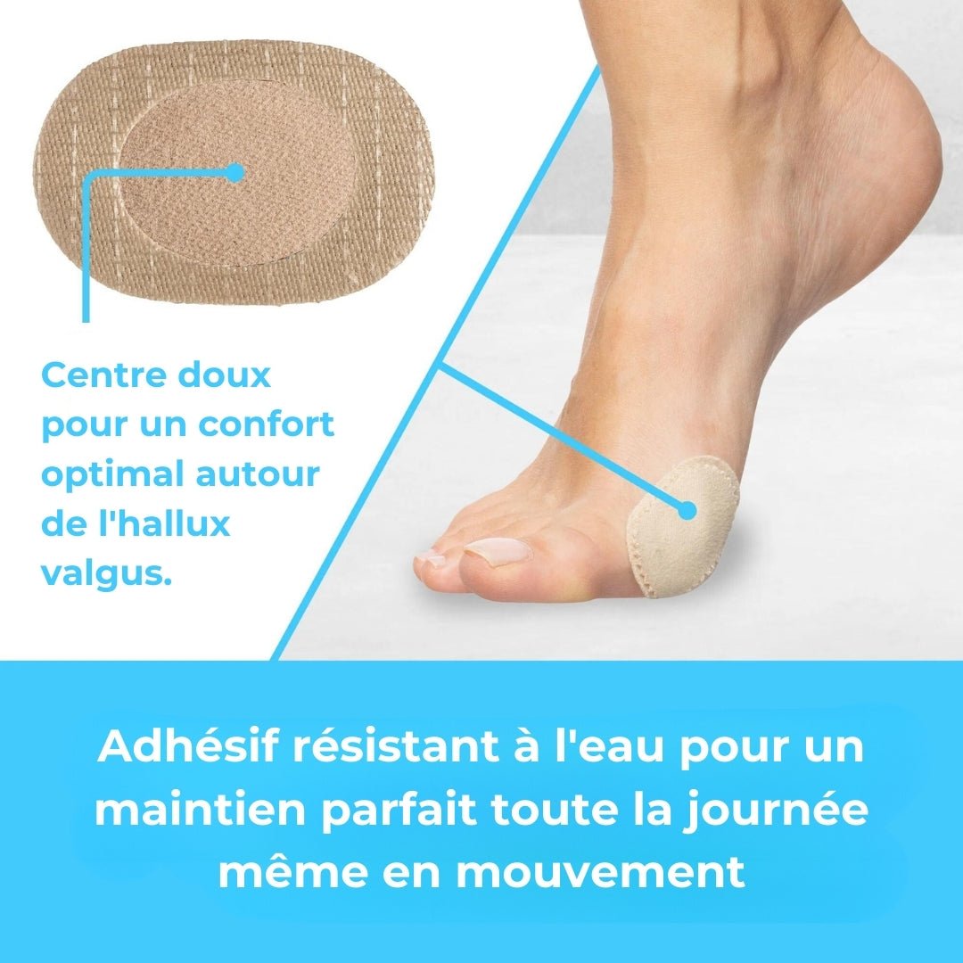 Twelve thin adhesive patches stuck over the bunion to stop rubbing inside the shoe
