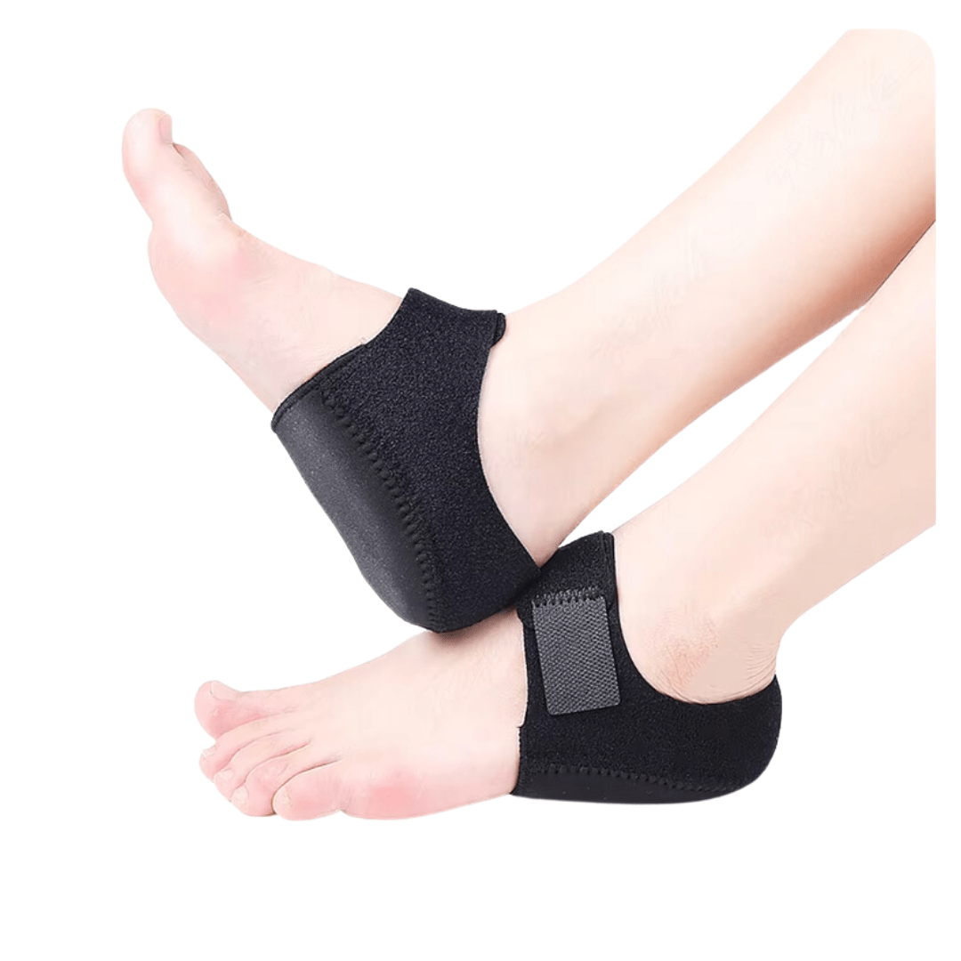 Beige and black gel heel protectors that cup the back of the heel inside the shoe
