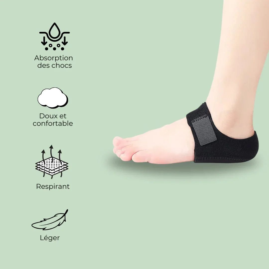 Beige and black gel heel protectors that cup the back of the heel inside the shoe