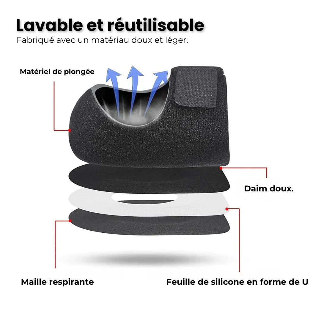 Beige and black gel heel protectors that cup the back of the heel inside the shoe