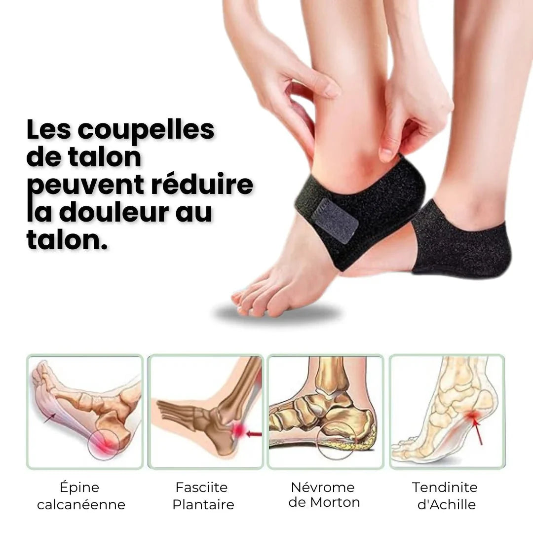 Beige and black gel heel protectors that cup the back of the heel inside the shoe