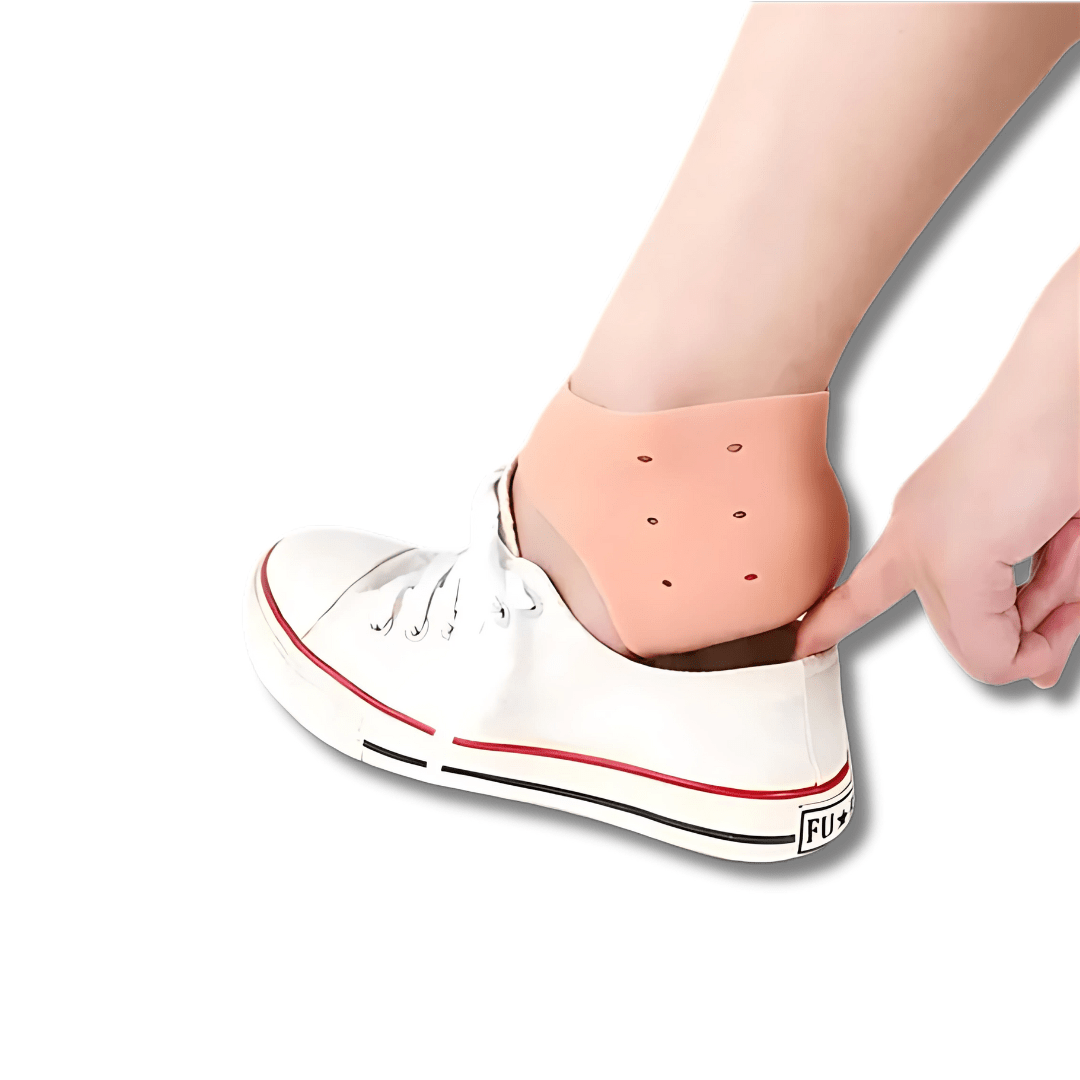 Silicone protectors that cup the back of the heel to stop rubbing in a shoe